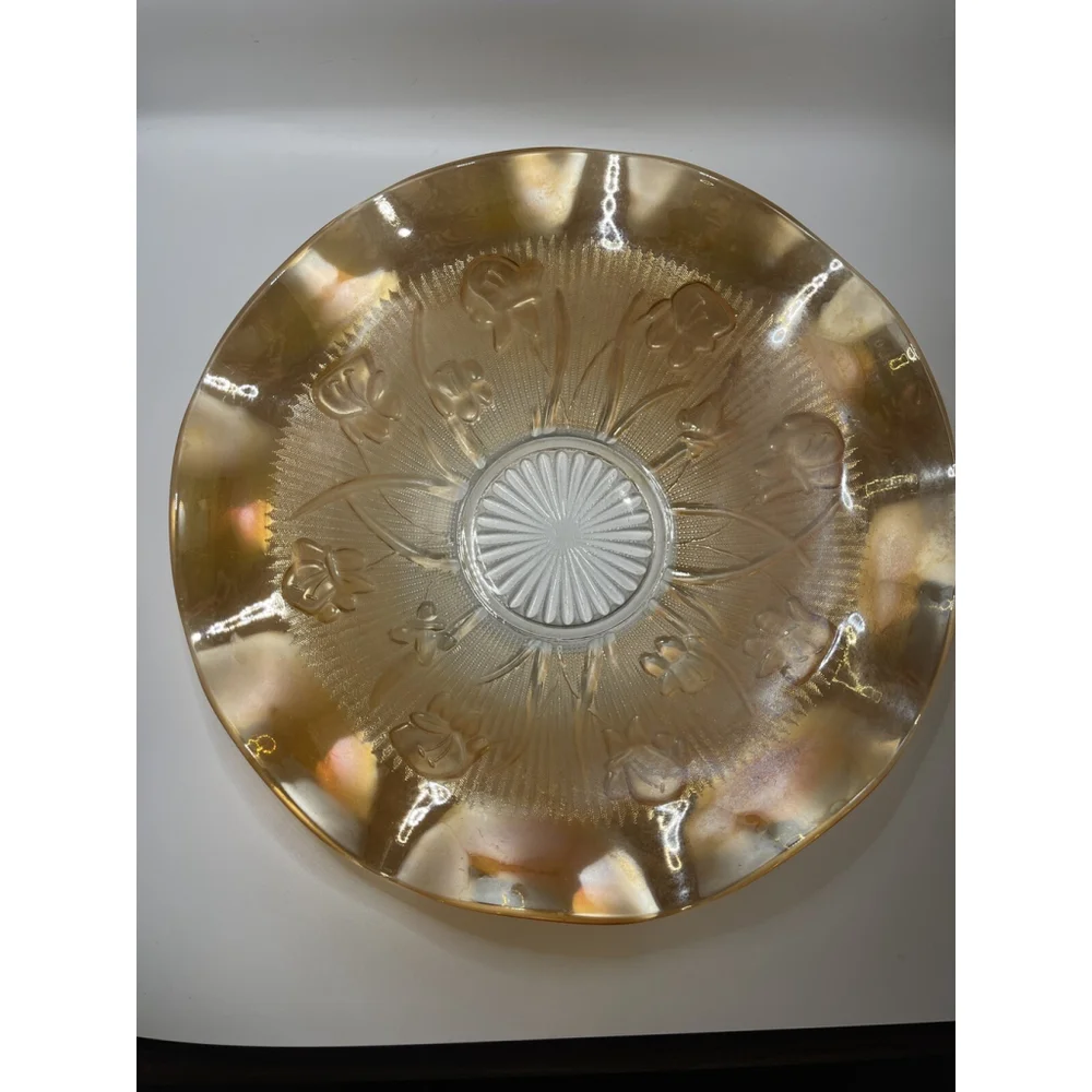 Jeanette Carnival Glass Ruffled Edge Iris And Herringbone Serving Bowl 11.5 In.